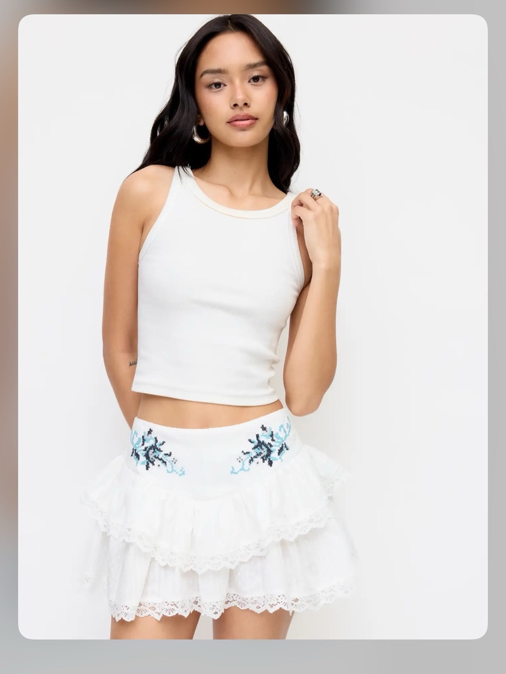 JACQUARD FLORAL EMBROIDERY LACE RUFFLE TIERED MID RISE MINI SKIRT XXS WC8-44